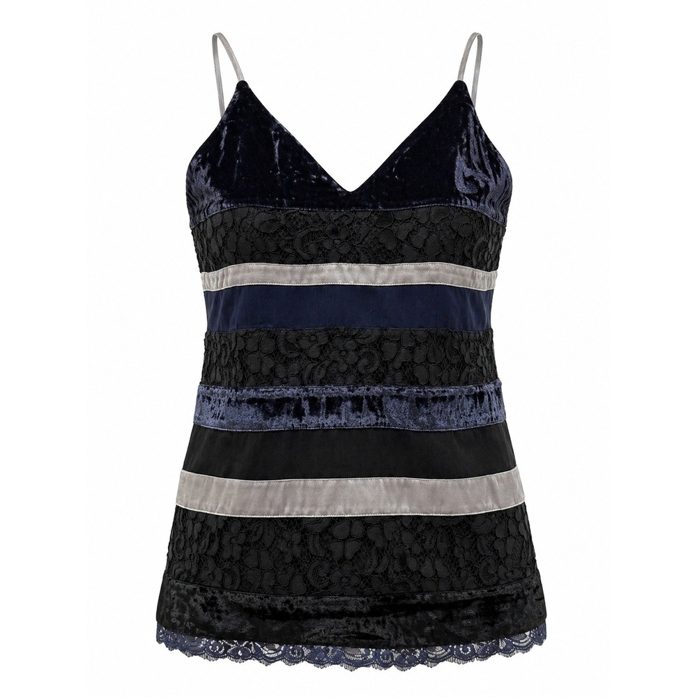 LOFT Womens Velvet Lace Striped Camisole Top Navy Black Silver XS V-Neck Strap